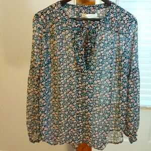 Loft Black Floral Long Sleeves Blouse Top Size S Pullover Tie Front